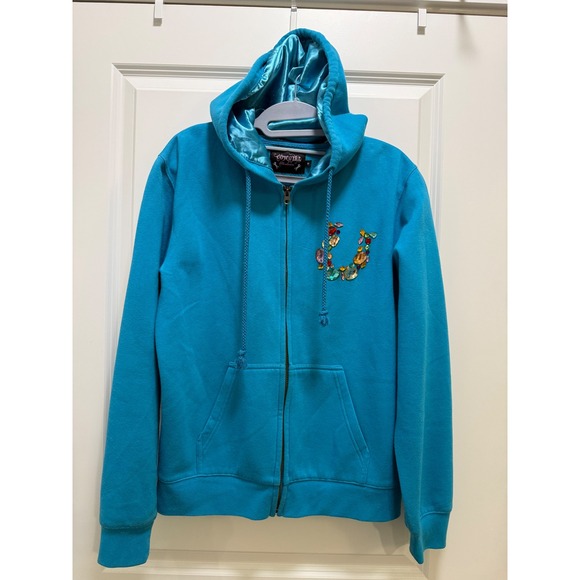 Cowgirl Hardware Tops - Cowgirl Hardware‎ Turquoise Rhinestone Horseshoe Satin Lined Zip Hoodie Medium
